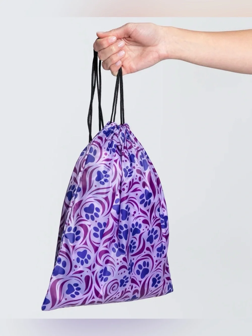Whimsical Purple Paw Print Microfiber Beach Towel With Drawstring Carry Bag